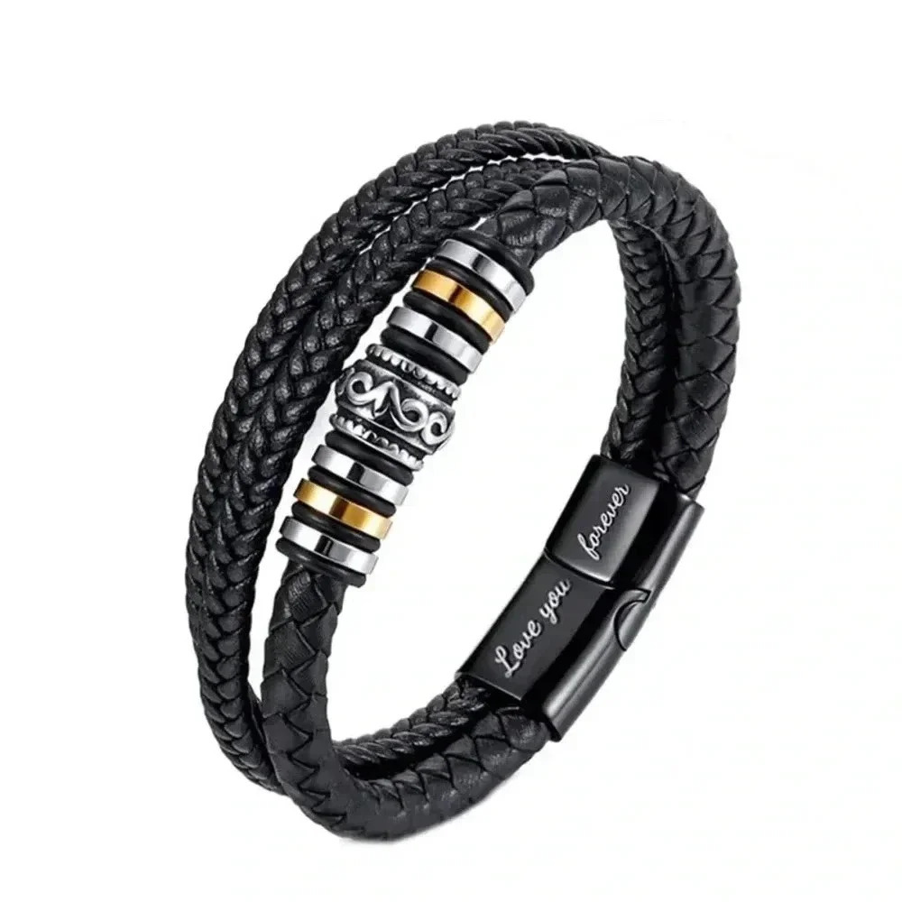 Men’s Black Leather & Stainless Steel Bracelet - Signed “ Love you forever”